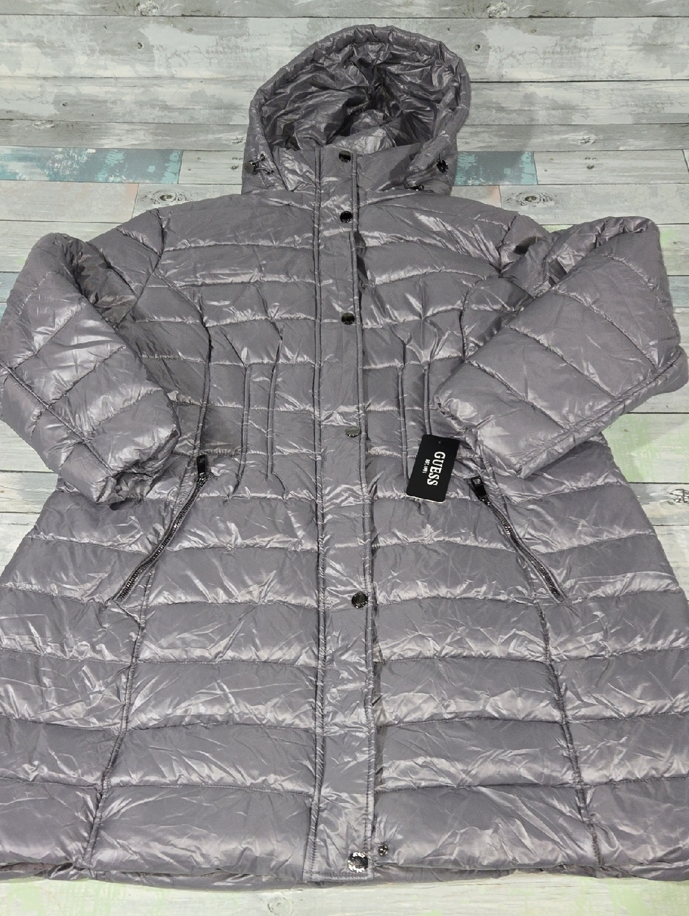 GUESS Women's Quilted Hooded Puffer Coat - Gunmetal Gray Sz 2XL NQT